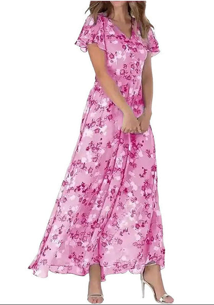 Floral Chiffon Maxi Dress – Ruffled V-Neck Summer Beach Dress