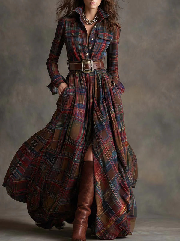 Élodie Provenance™ | French Plaid Shirt-Collar Maxi Dress
