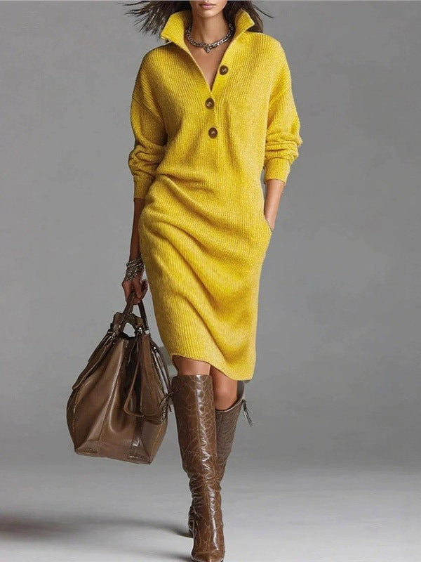 Marceau Knit™ | Button-Lapel Mid-Length Sweater Dress