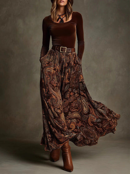 Ophelia Heritage™ | Velvet Top & Printed Maxi Skirt Set