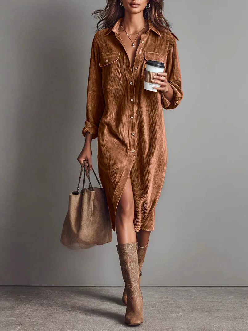 Éloise Cordé™ | Corduroy Shirt-Collar Midi Dress