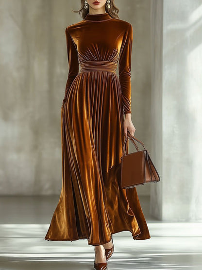 Aureline Dorée™ | Half-High Collar Pleated Velvet Maxi Dress
