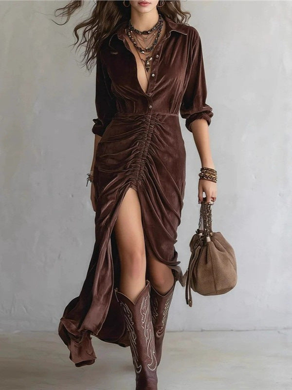 Vittoria Velours™ | Buttoned Velvet Shirt Dress with Slit