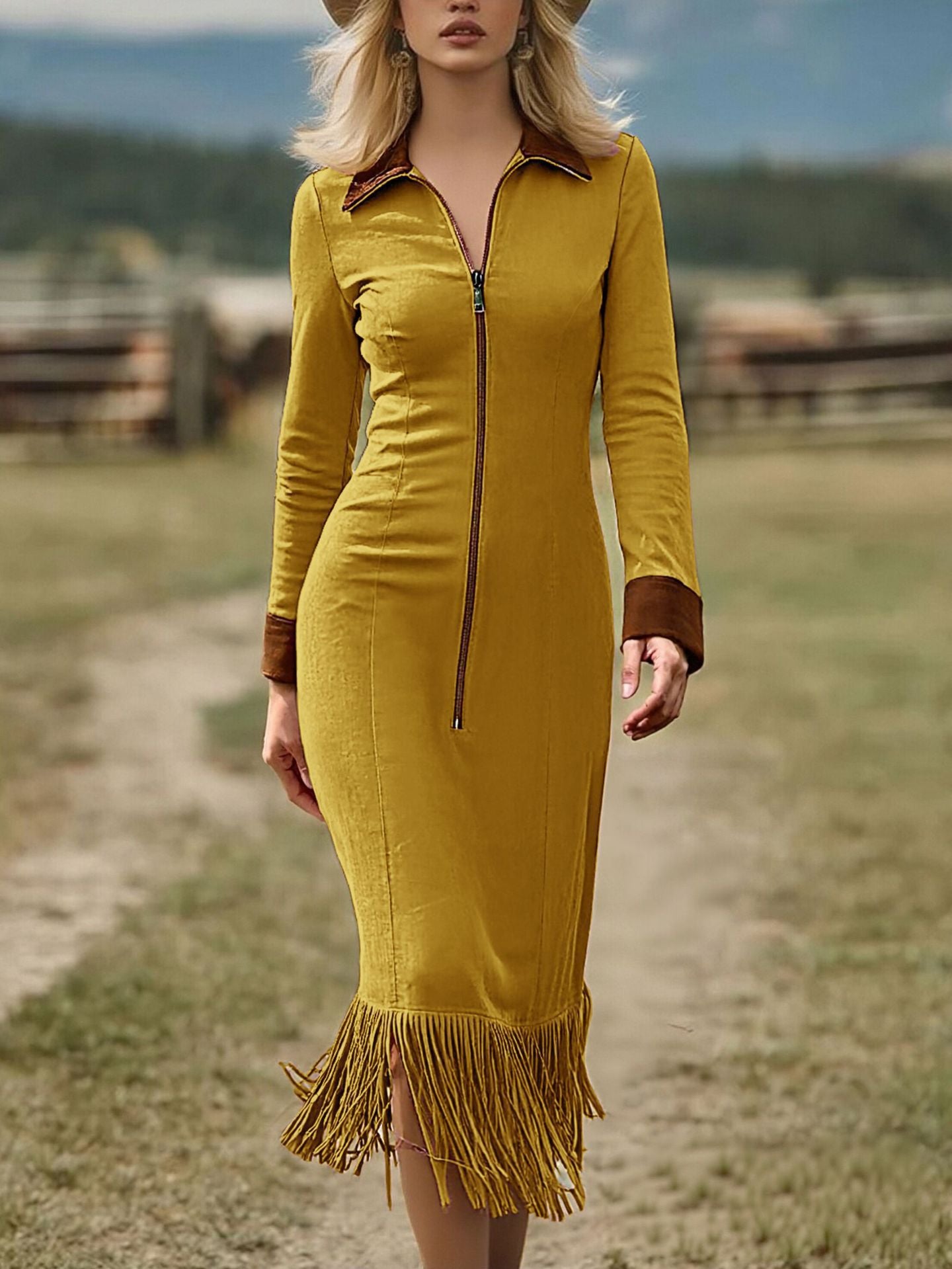 Maribel Oeste™ | Suede Tassel Splice Midi Dress