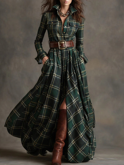 Élodie Provenance™ | French Plaid Shirt-Collar Maxi Dress