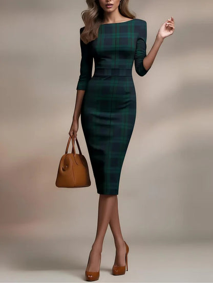 Margaux Classique™ | Plaid Boat-Neck Midi Dress
