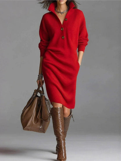 Marceau Knit™ | Button-Lapel Mid-Length Sweater Dress