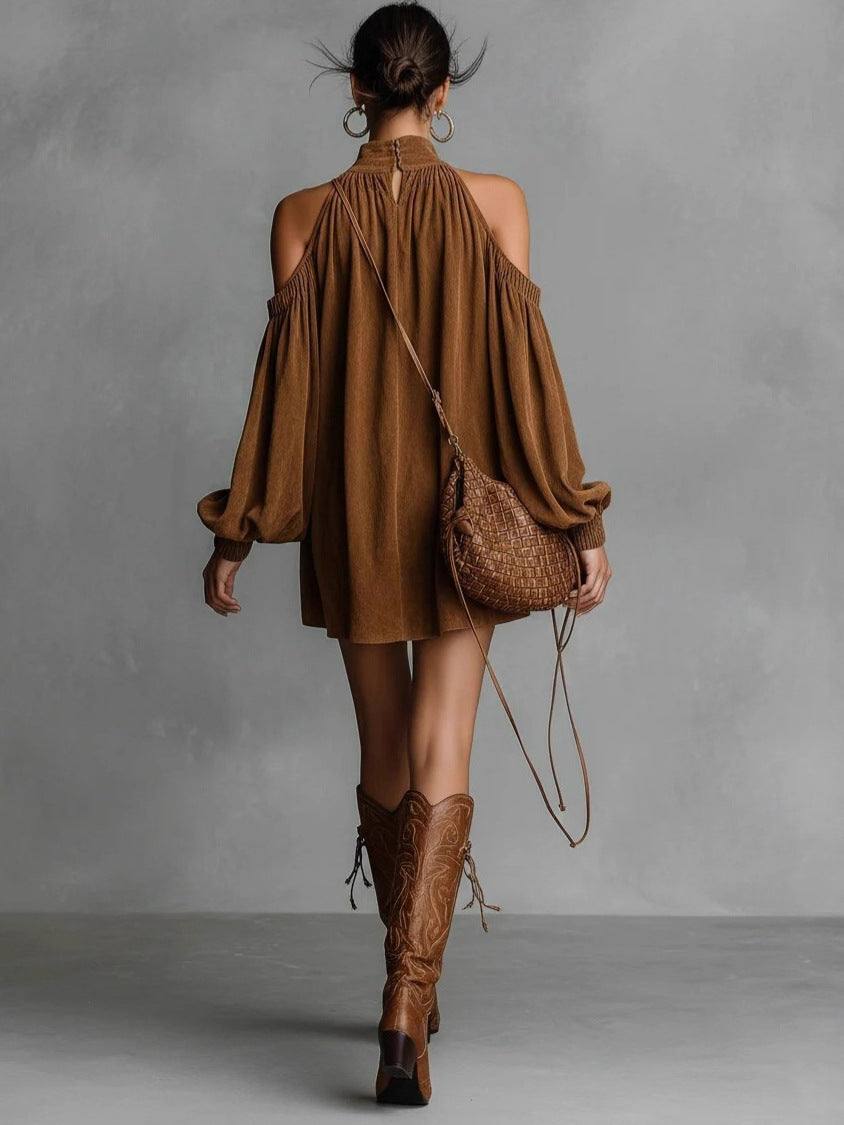 Elara Suède™ | Halter Mini Dress with Lantern Sleeves