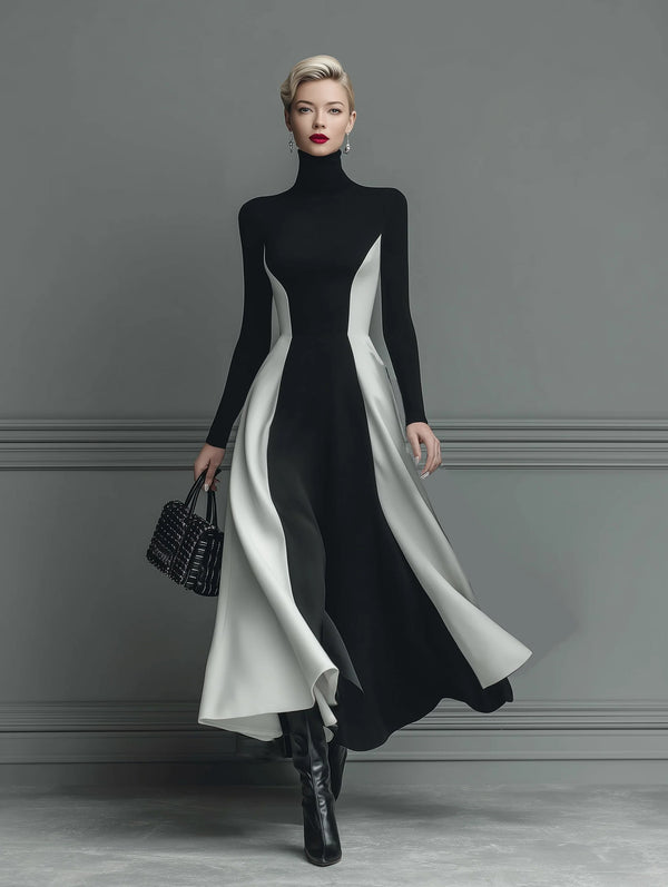 Veloura™ - Elegant High-Neck Contrast Knit Dress