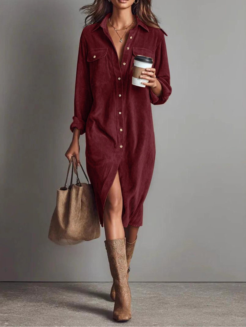 Éloise Cordé™ | Corduroy Shirt-Collar Midi Dress