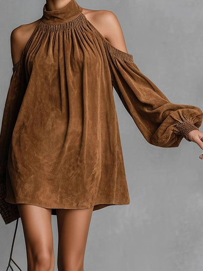 Elara Suède™ | Halter Mini Dress with Lantern Sleeves