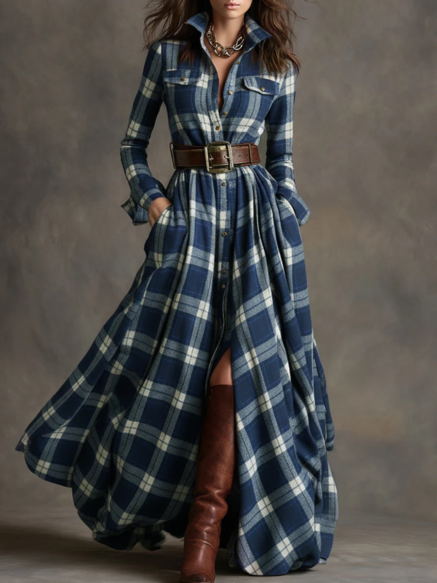 Élodie Provenance™ | French Plaid Shirt-Collar Maxi Dress