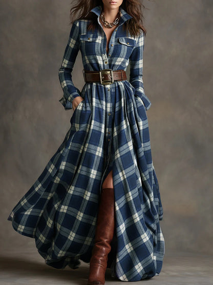 Élodie Provenance™ | French Plaid Shirt-Collar Maxi Dress