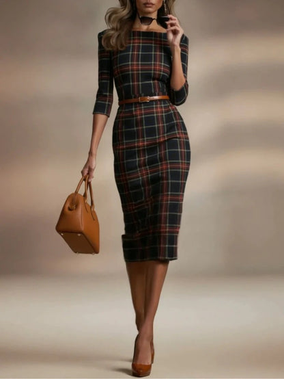 Margaux Classique™ | Plaid Boat-Neck Midi Dress