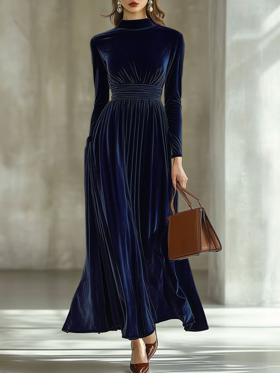 Aureline Dorée™ | Half-High Collar Pleated Velvet Maxi Dress