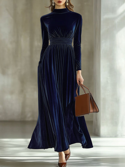 Aureline Dorée™ | Half-High Collar Pleated Velvet Maxi Dress