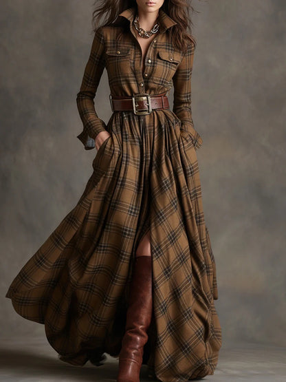 Élodie Provenance™ | French Plaid Shirt-Collar Maxi Dress