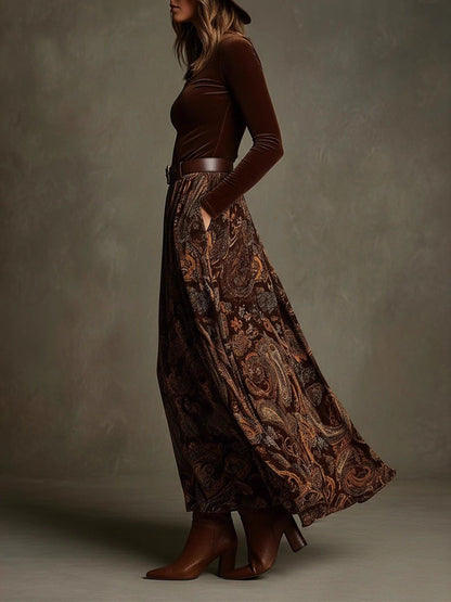 Ophelia Heritage™ | Velvet Top & Printed Maxi Skirt Set