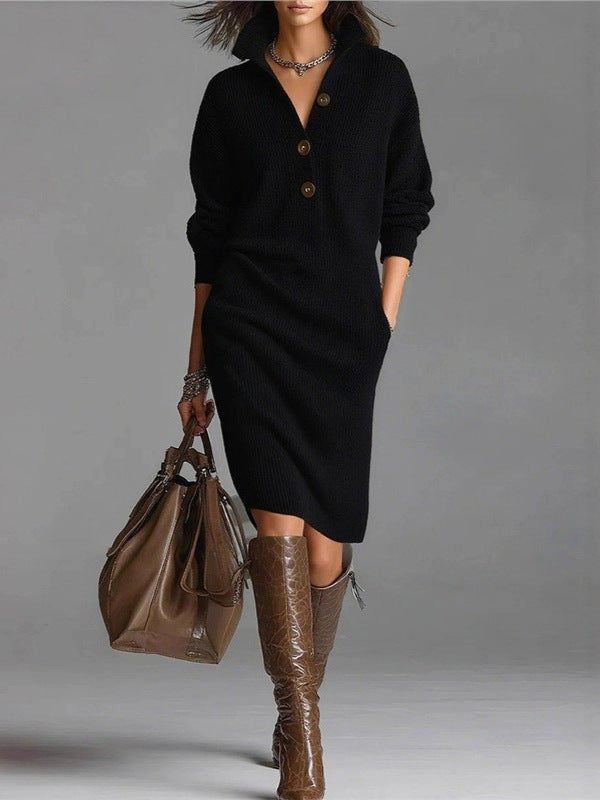 Marceau Knit™ | Button-Lapel Mid-Length Sweater Dress