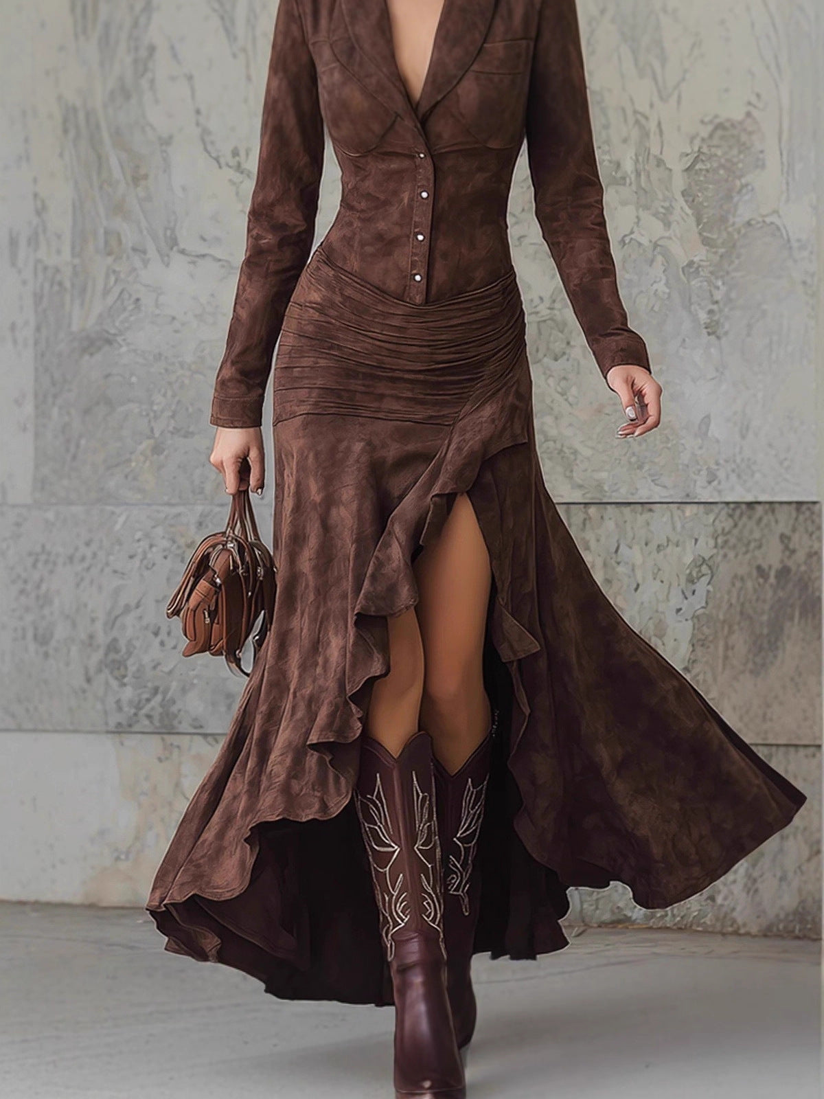 Rowena Élan™ | Asymmetric Ruffled Button-Down Maxi Dress