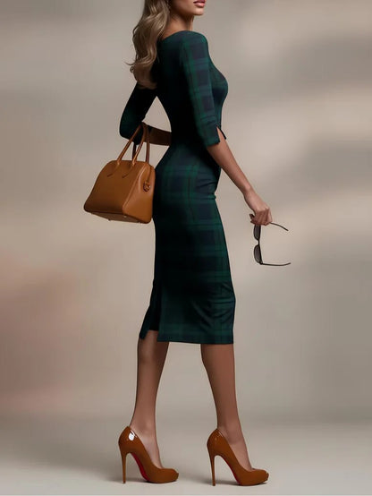 Margaux Classique™ | Plaid Boat-Neck Midi Dress