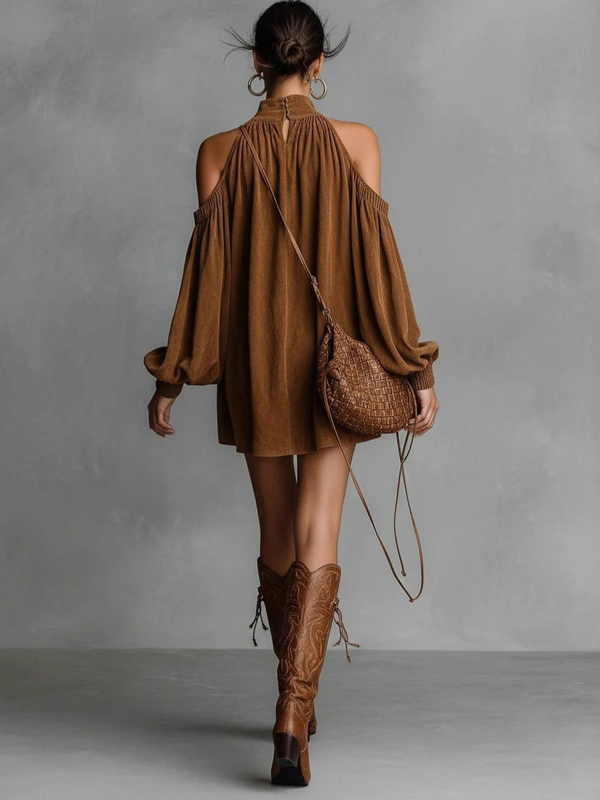 Elara Suède™ | Halter Mini Dress with Lantern Sleeves