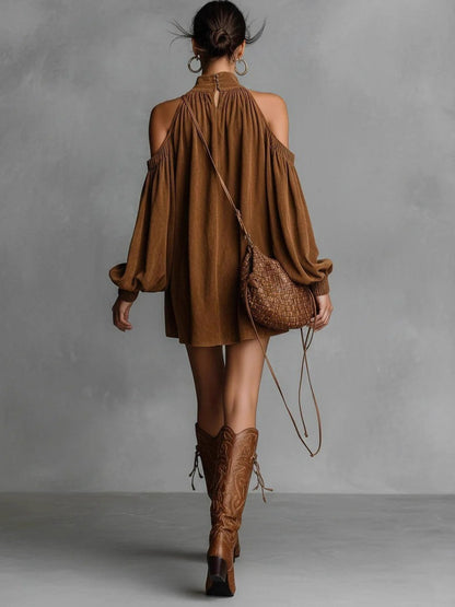 Elara Suède™ | Halter Mini Dress with Lantern Sleeves