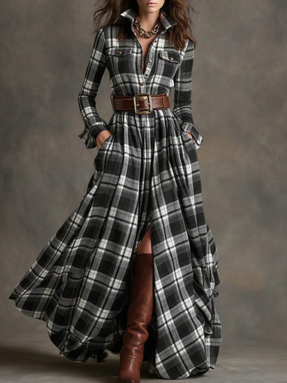 Élodie Provenance™ | French Plaid Shirt-Collar Maxi Dress