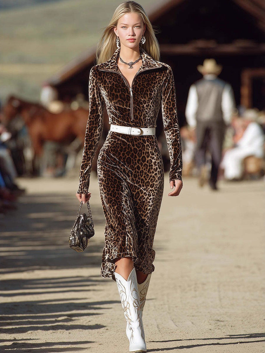 Savanna Noire™ | Leopard Zip-Lapel Midi Dress