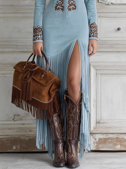 Selene Nomade™ | Suede Tassel Floral Stand-Collar Dress