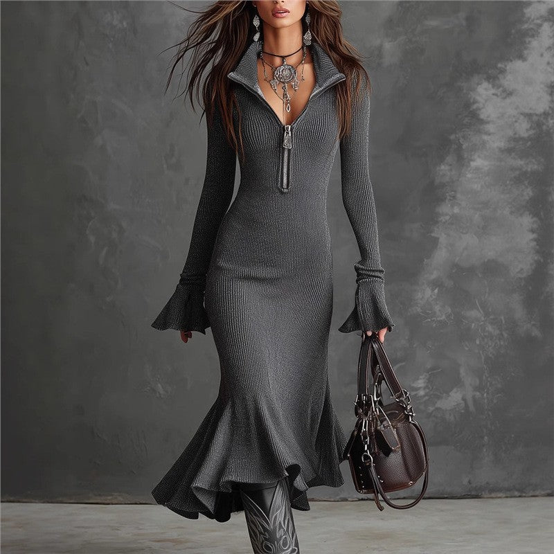 Calista Ligne™ | Zip-Lapel Fishtail Knit Dress