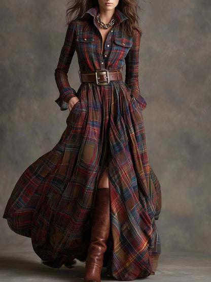 Élodie Provenance™ | French Plaid Shirt-Collar Maxi Dress