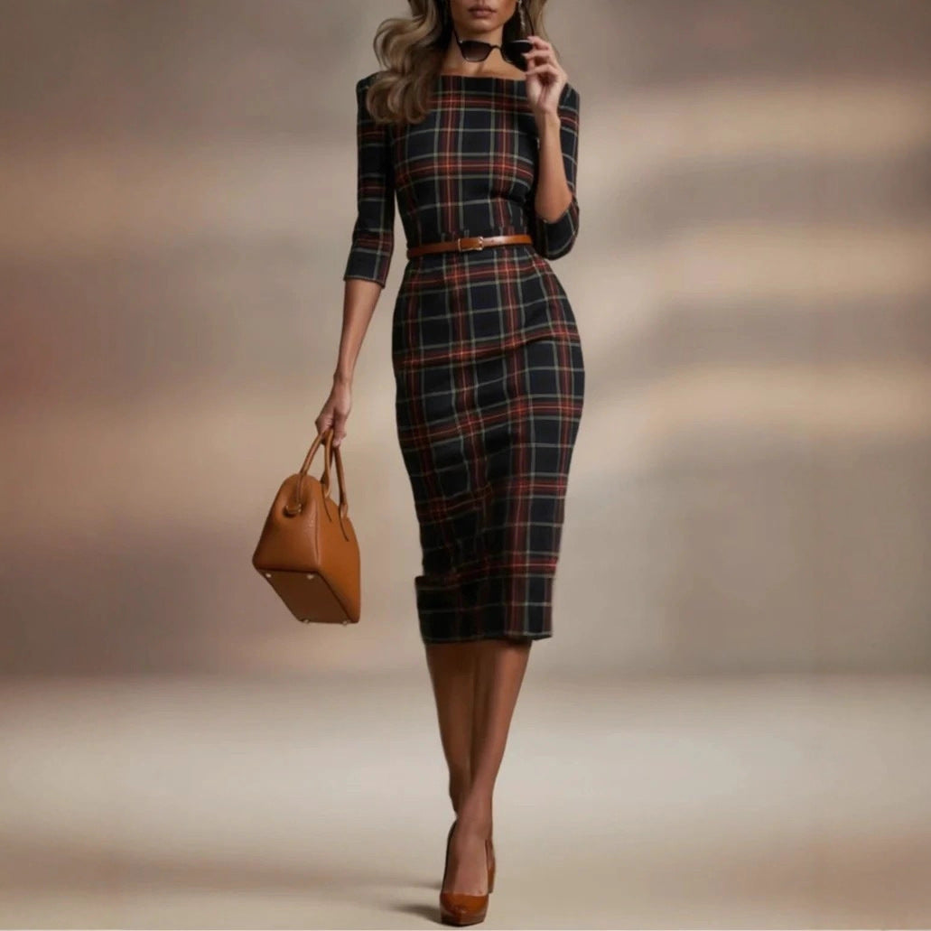 Margaux Classique™ | Plaid Boat-Neck Midi Dress