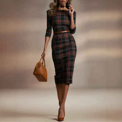 Margaux Classique™ | Plaid Boat-Neck Midi Dress