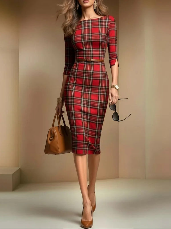 Margaux Classique™ | Plaid Boat-Neck Midi Dress