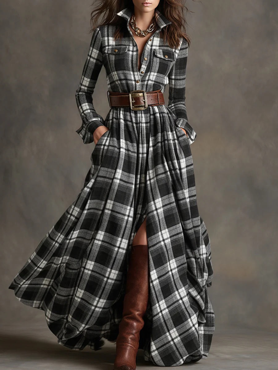 Élodie Provenance™ | French Plaid Shirt-Collar Maxi Dress