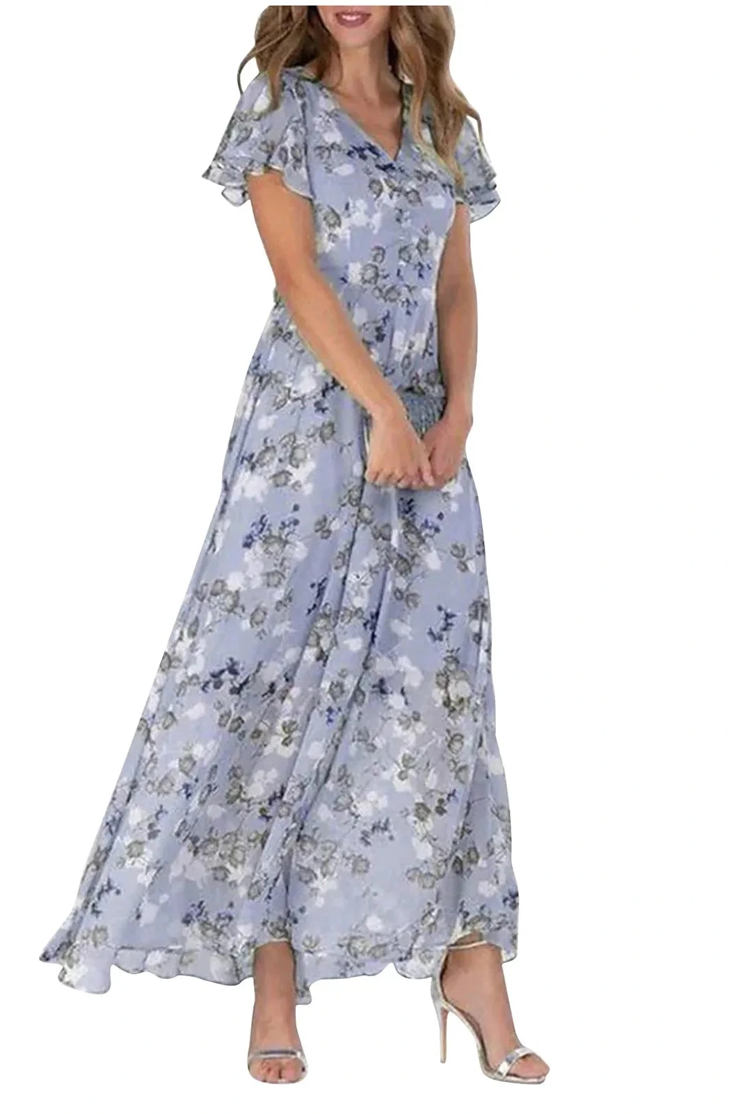 Floral Chiffon Maxi Dress – Ruffled V-Neck Summer Beach Dress