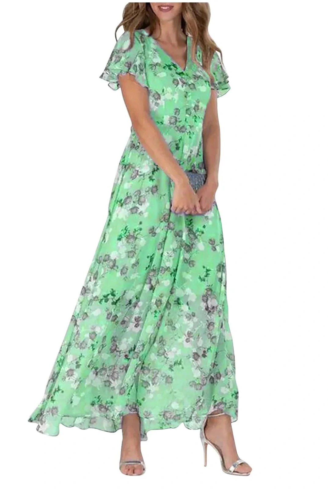 Floral Chiffon Maxi Dress – Ruffled V-Neck Summer Beach Dress