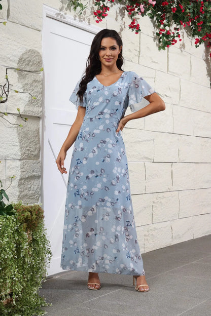 Floral Chiffon Maxi Dress – Ruffled V-Neck Summer Beach Dress