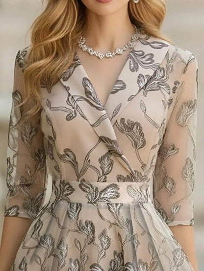 Floral Embroidered Midi Evening Dress – Elegant V-Neck Occasion Dress