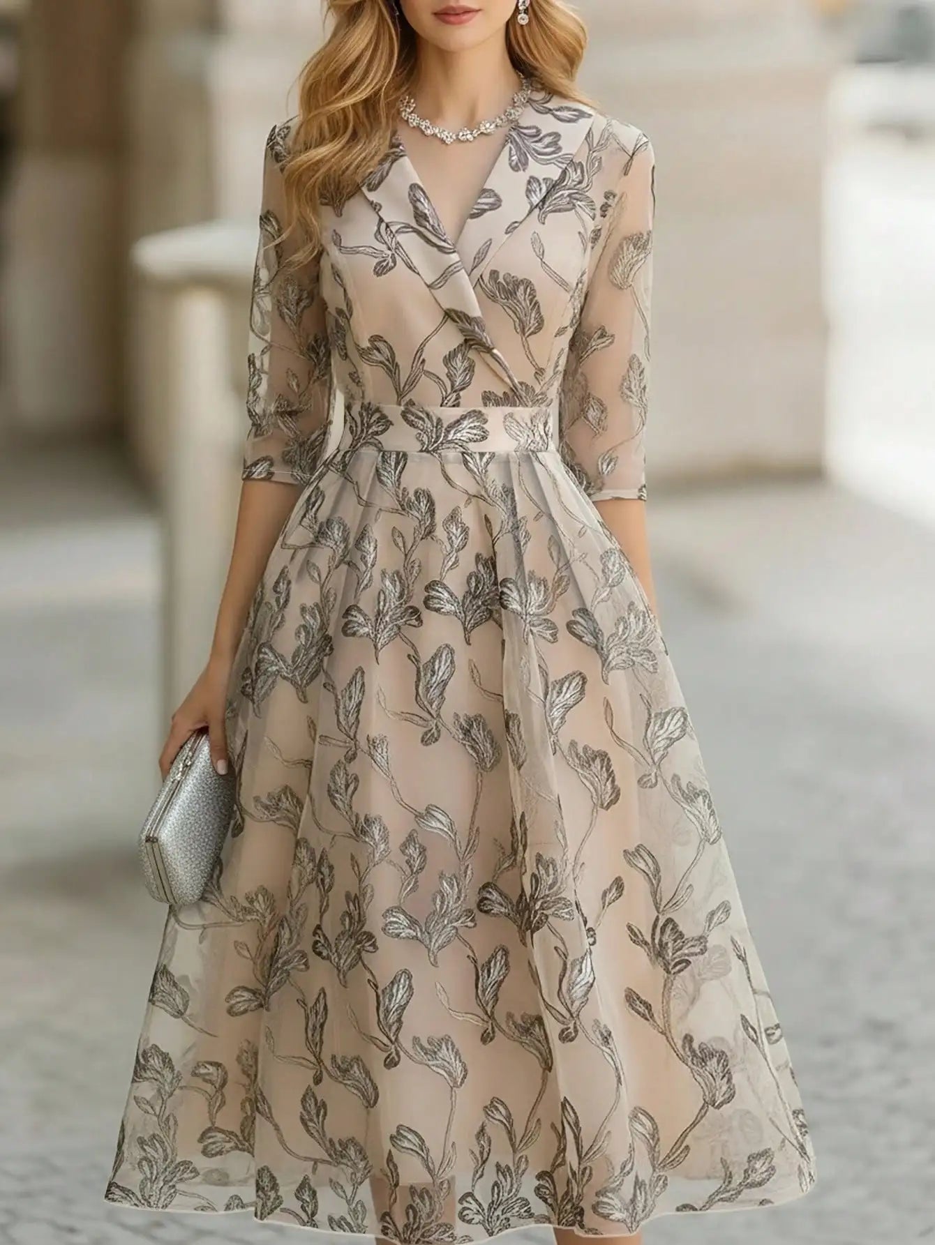 Floral Embroidered Midi Evening Dress – Elegant V-Neck Occasion Dress