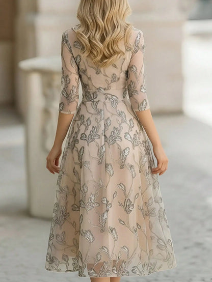 Floral Embroidered Midi Evening Dress – Elegant V-Neck Occasion Dress