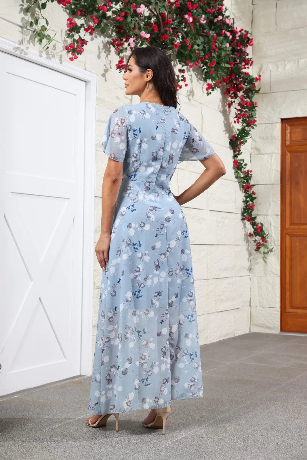 Floral Chiffon Maxi Dress – Ruffled V-Neck Summer Beach Dress