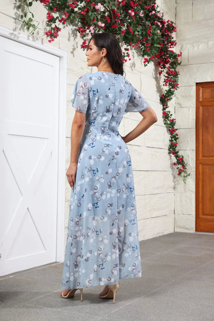 Floral Chiffon Maxi Dress – Ruffled V-Neck Summer Beach Dress