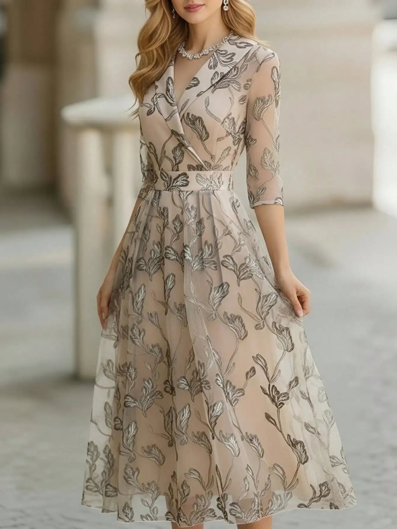 Floral Embroidered Midi Evening Dress – Elegant V-Neck Occasion Dress