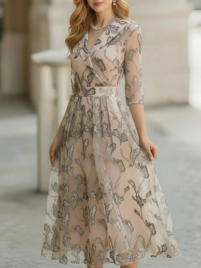 Floral Embroidered Midi Evening Dress – Elegant V-Neck Occasion Dress