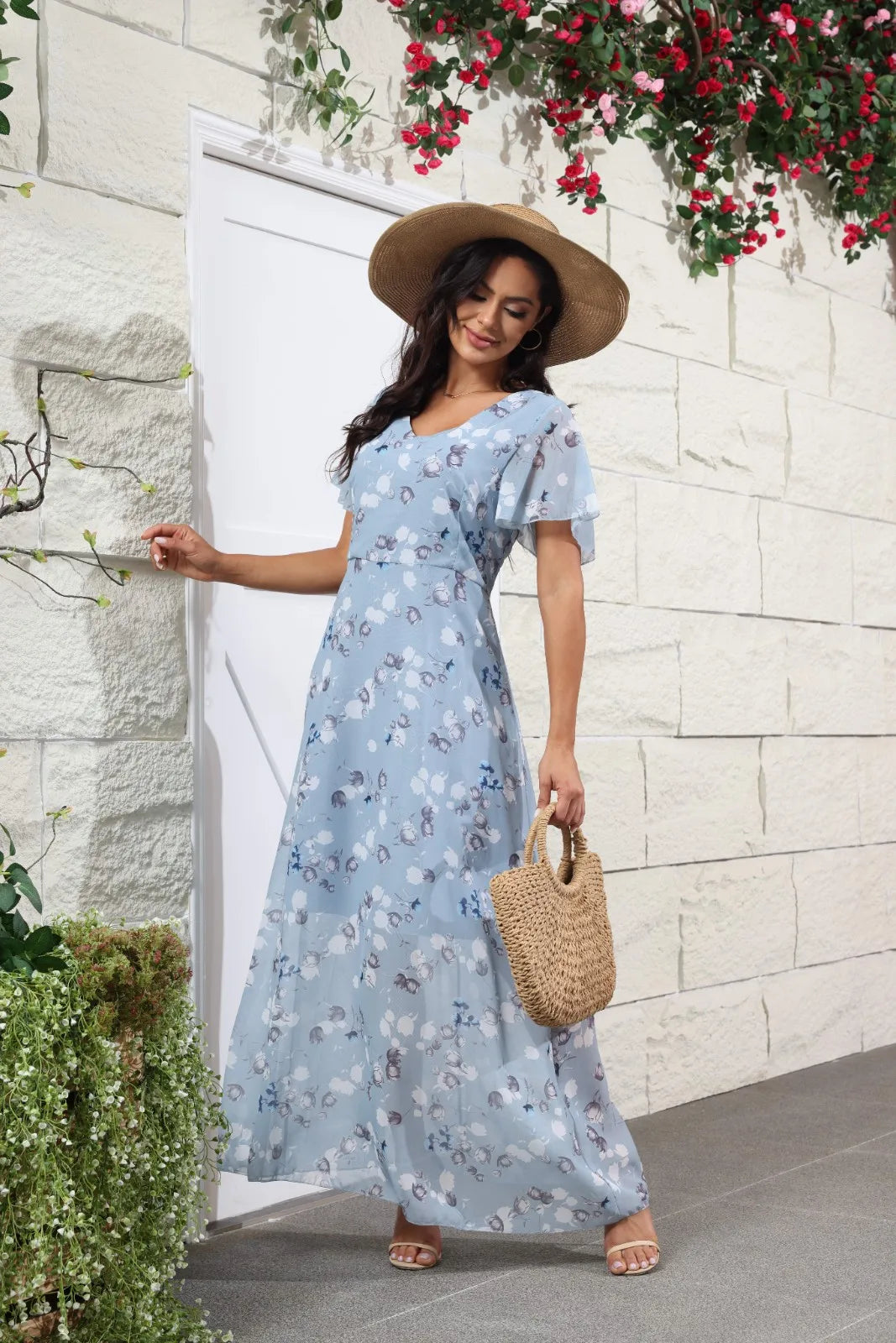 Floral Chiffon Maxi Dress – Ruffled V-Neck Summer Beach Dress