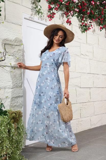 Floral Chiffon Maxi Dress – Ruffled V-Neck Summer Beach Dress