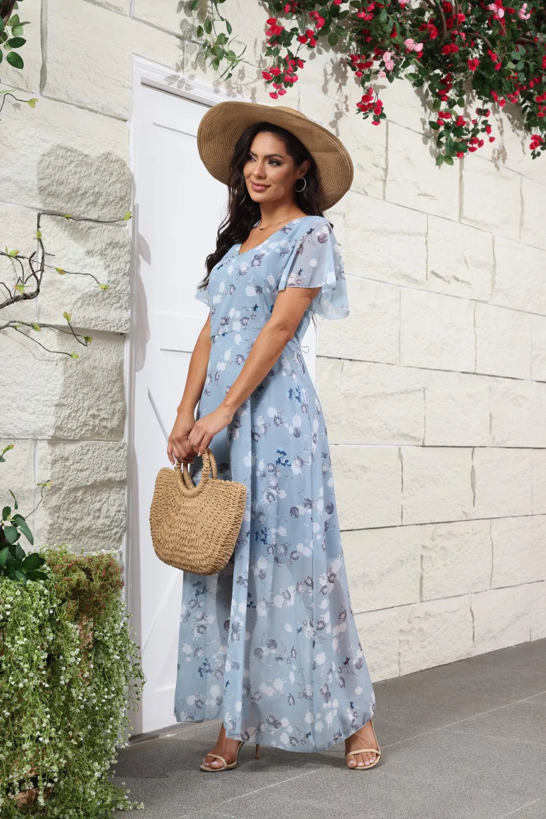 Floral Chiffon Maxi Dress – Ruffled V-Neck Summer Beach Dress