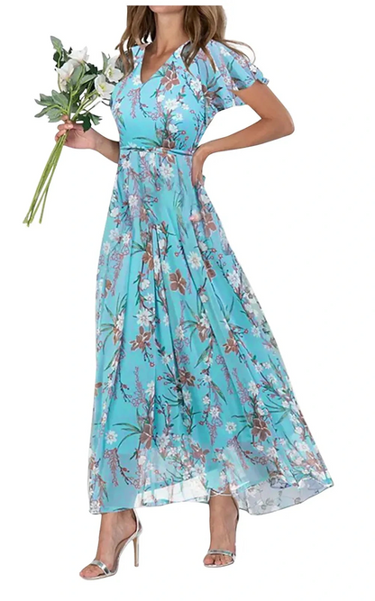 Floral Chiffon Maxi Dress – Ruffled V-Neck Summer Beach Dress